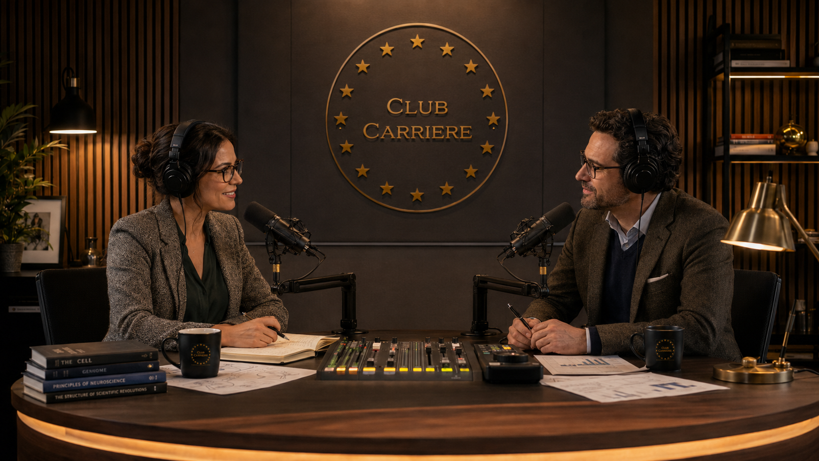 Club-Carriere Podcast-Studio mit wissenschaftlichem Gespräch über Karriere, Erfolg und Persönlichkeitsprofile